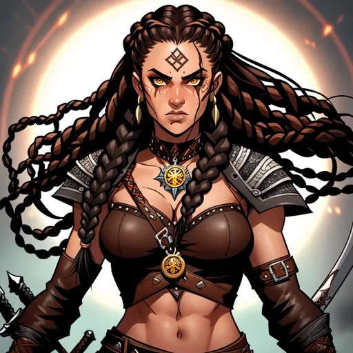 Prompt: A warriors woman with long braided dark brown hair. She is a hunter of monstrous creatures with a manticore medallion around her neck, brown studded leather armor and two swords on her back. She has yellow eyes with black slits like a cats. She has a light brown complexion with a few old scars.