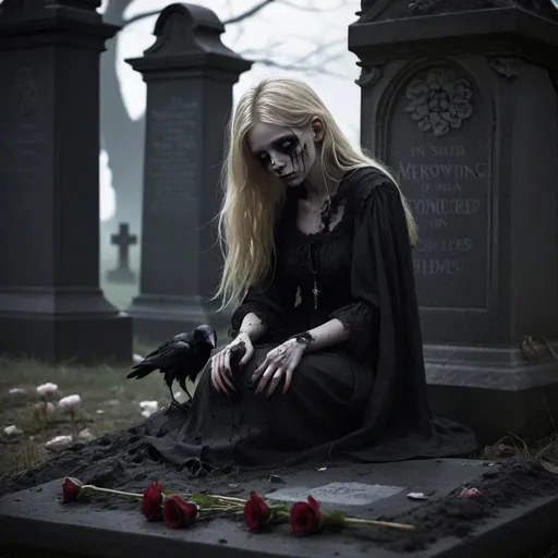 Prompt: A lonely blonde haired girl with no one around but the dead to speak too. Shes in black like shes mourning or has been dead awhile by the dirt and stains. Has white dead eyes and nearly sunken eyes with dark circles and tears falling along her cheeks. A half undead raven is perched on a gravestone behind her. A flower is withering in her hand likes shes death incarnate.