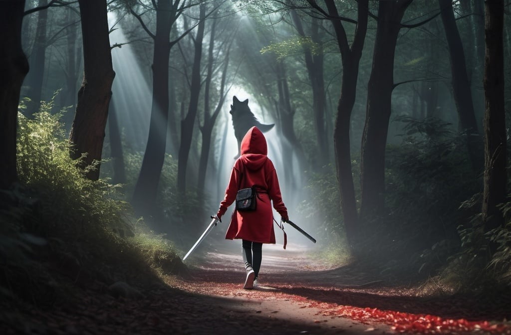 Prompt: A teenage girl dressed in a red hoodie and carrying a sword at her side, sheathed and katana style with a heavenly aura, demons are watching her through the trees wanting to attack but compelled against.

Shes following down a path towards a white light with the shadow of a wolf behind her from the light. She has a bag on her bag like shes also running away from something.