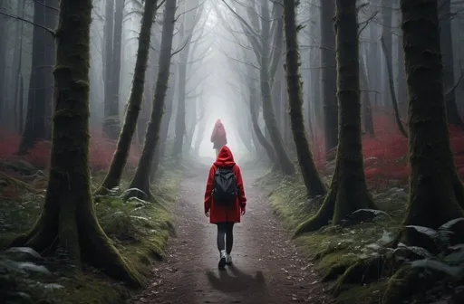 Prompt: A lone female traveler walking along a path in the forest into a white light. There are monstrous creatures watching her every move behind the trees. The girl is wearing a red hoodie and dark heavy coat, a black duffle bag over her shoulders, like shes running away and homeless. 