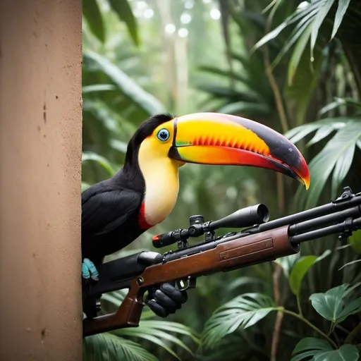 Prompt: toucan peeking around a corner with a sniper rifle