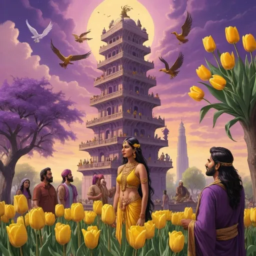 Prompt: an Indian woman goddess is talking with a babylon king in the heavenly gardens. Babylon tower, crowded background, purple sky, a phoenix flwe top of the tower, There are friends all around. Yellow tulips flourished down the trees.