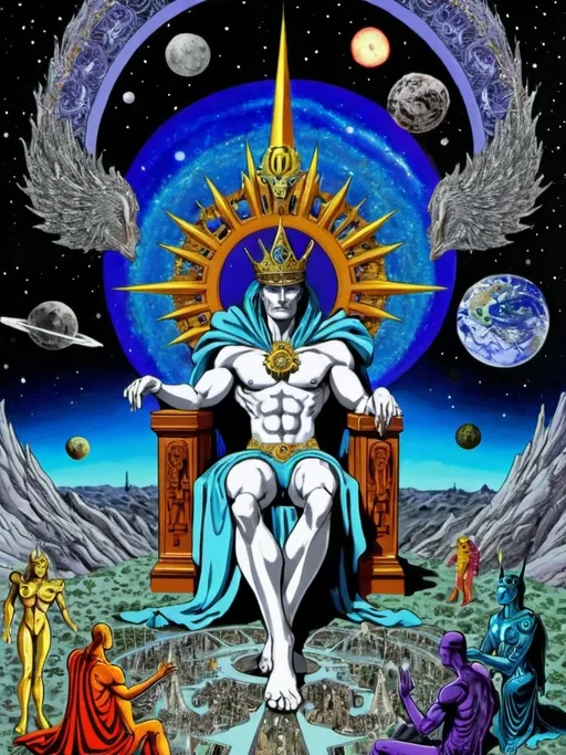 Prompt: pre-creation beings, ethereal, mystical art, celestial colors, galactic beings, emperor of galactic beings sitting on his trone at the top of the picture his pre big bang city is behind him,big golden crown, intricate details, cosmic atmosphere,  otherworldly entities, art deco, celestial, mystical, ancient, intricate, cosmic, ethereal beings, pre-creation, intricate details, galactic, civilization before Big Bang, cities built before big bang,otherworldly,ultra-detailed