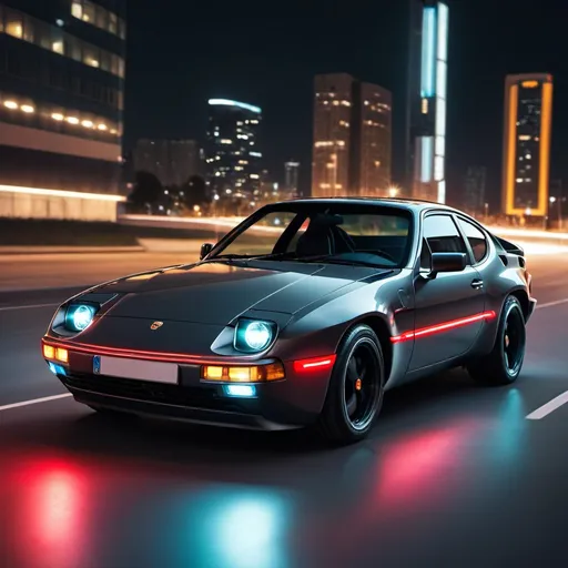 Prompt: A Porsche 924 that look modern with modern car features like a touch screen and neon lighting