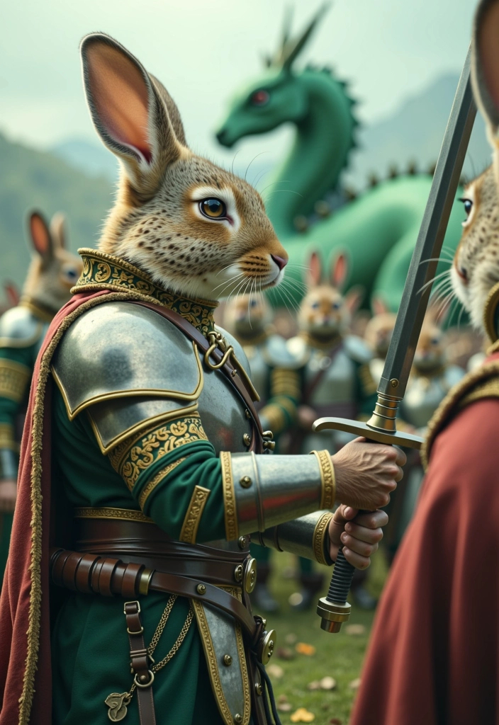 Prompt: A rabbit general wearing decorated armor carefully hands swords out to other rabbit soldiers in military uniform. Far and faded in the distance behind the scene is a sleeping green emerald dragon