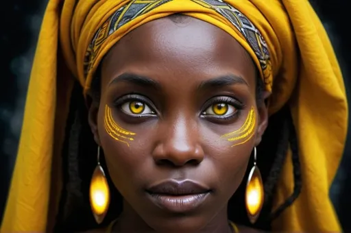 Prompt: Mystical African woman, her eyes have a yellow iris and yellow pupils, very dark skin, looking determimed. She a social worker turned hero. Very powerful. Omnipotent. Cosmic aura