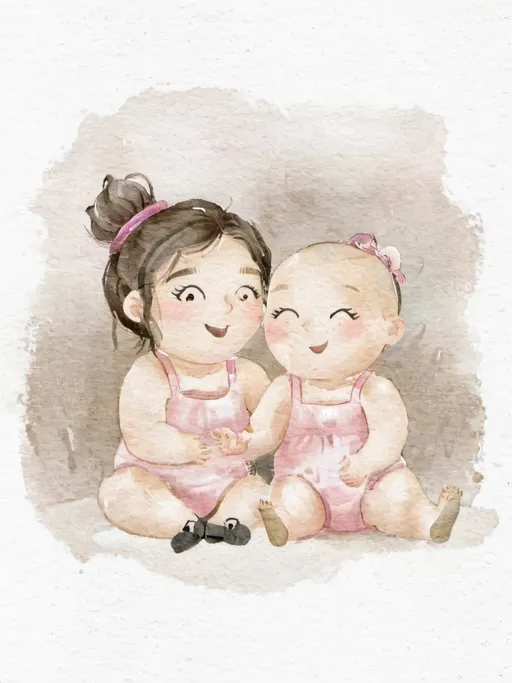 Prompt: watercolour illustration of 2 girls: one is 6 month old bald baby girl sitting on the lap of a 4 year old girl with dark brown hair, both laughing, joyful, playful, upbeat