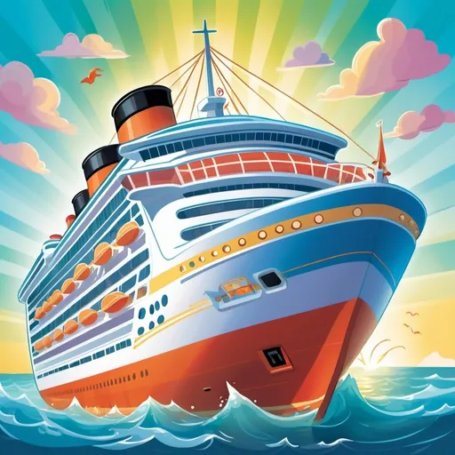 Prompt: picture of a cruise ship, Children's book illustration, Munsch style, detailed characters, cartoon style, whimsical, dynamic composition, high quality, lively, energetic, colorful lighting