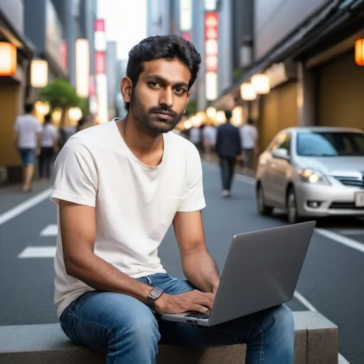 Prompt: Alone Indian man age of 30 year wearing jeans and t shirt in tokyo city, peaceful environment, glow on face, tall, handsome and keeping laptop