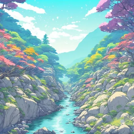 Prompt: Midjourney, rocky mountain, river flowing through stones, meadows, bushs, path in the forest, beautiful spring flower, studio ghibli, miyazaki, realistic, vibrant colors paint art, blue sky, looking over a cliff to a beautiful environment, Symmetrical, Symmetry and balance in design, Anime, Anime style, horizontal shot, Balanced composition, beautiful day