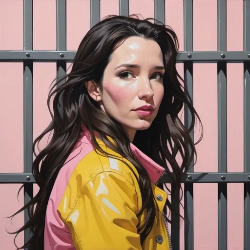 Prompt: Natalia Oreiro with long brown hair wearing a yellow and Pink jacket, in the style of tomer hanuka, joram roukes, emotionally charged portraits, smilecore, rustic futurism, henrietta harris, darkly comedic, rough painting, children illustration, in jail