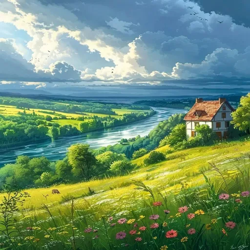 Prompt: Ihlara Valley, realistic, mountains, detailed and realistic trees and bushes, River, waterfall, meadows, Forest fruits Bush, stones, beawovs, bright vibrant colors paint art, greenly, blue sky, balance in design, Anime, Anime style, horizontal shot, Balanced composition, beautiful day, cinematic