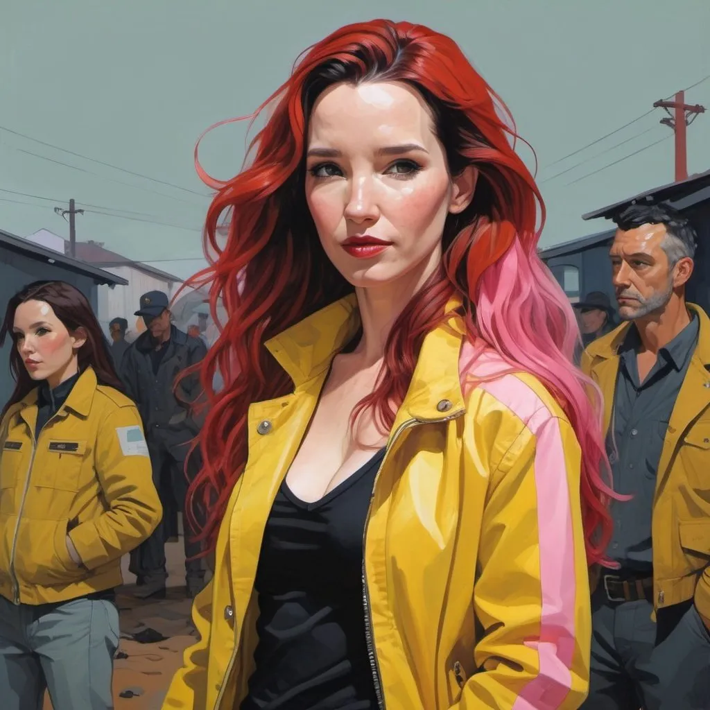 Prompt: Natalia Oreiro with long red hair wearing a yellow and Pink jacket, in the style of tomer hanuka, joram roukes, emotionally charged portraits, smilecore, rustic futurism, henrietta harris, darkly comedic, rough painting, children illustration, Fallout 