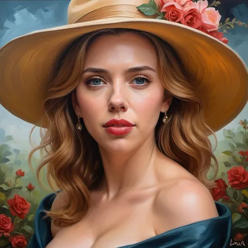 Prompt: a painting of Scarlett Johansson wearing a large hat, elegant oil painting, elegant and refined painting, romanticism painting, beautiful fantasy art portrait, , exquisite painting, beautiful portrait oil painting, style of laura sava, gorgeous painting, beautiful fantasy painting, stunning painting, beautiful oil painting on canvas, beautiful fantasy portrait, beautiful oil painting