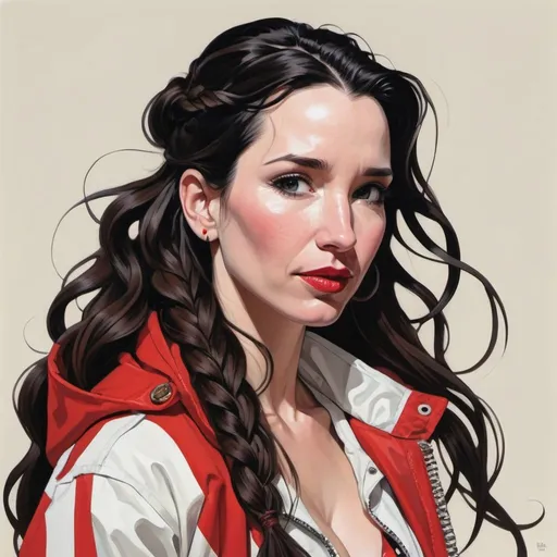 Prompt: Natalia Oreiro with long braid hair wearing a red and white jacket, in the style of tomer hanuka, joram roukes, emotionally charged portraits, smilecore, rustic futurism, henrietta harris, darkly comedic, rough painting, children illustration metal slug