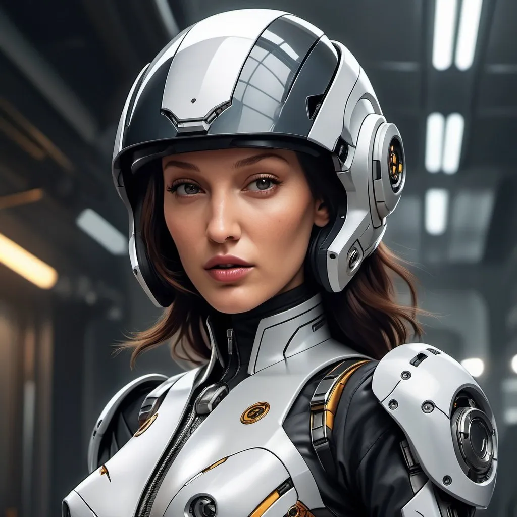 Prompt: Professional painting of a Bella Hadid in mecha-suit, helmet, intricate details, face, portrait, headshot, illustration, UHD, 4K