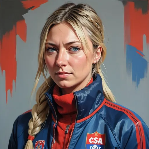 Prompt: Maria Sharapova, age 20, with long braid hair wearing a CSKA Moscow jacket, CSKA scarf in the style of tomer hanuka, joram roukes, emotionally charged portraits, smilecore, rustic futurism, henrietta harris, darkly comedic, rough painting, children illustration, CSKA fan