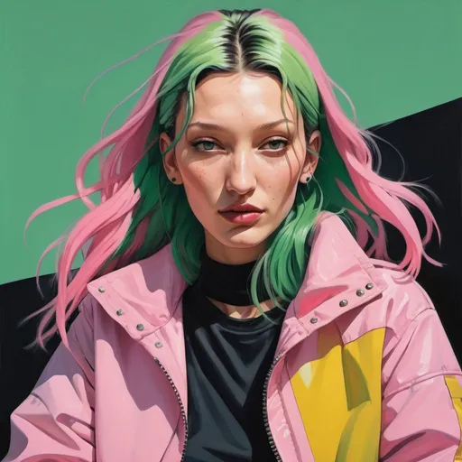 Prompt: Bella Hadid with long green Pink hair wearing a yellow and Pink jacket, in the style of tomer hanuka, joram roukes, emotionally charged portraits, smilecore, rustic futurism, henrietta harris, darkly comedic, rough painting, children illustration, Fallout 