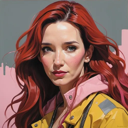 Prompt: Natalia Oreiro with long red hair wearing a yellow and Pink jacket, in the style of tomer hanuka, joram roukes, emotionally charged portraits, smilecore, rustic futurism, henrietta harris, darkly comedic, rough painting, children illustration metal slug