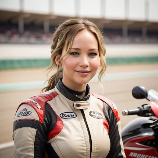 Prompt: Portrait of a Jennifer Lawrence oriental motorcycle racer with a confident smile and soft eyes. The background is a softly blurred racing track, emphasizing her beautiful features in natural light.