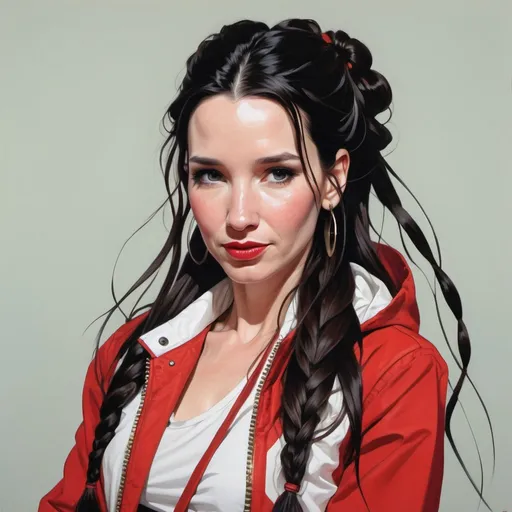 Prompt: Natalia Oreiro with long braid hair wearing a red and white jacket, in the style of tomer hanuka, joram roukes, emotionally charged portraits, smilecore, rustic futurism, henrietta harris, darkly comedic, rough painting, children illustration metal slug