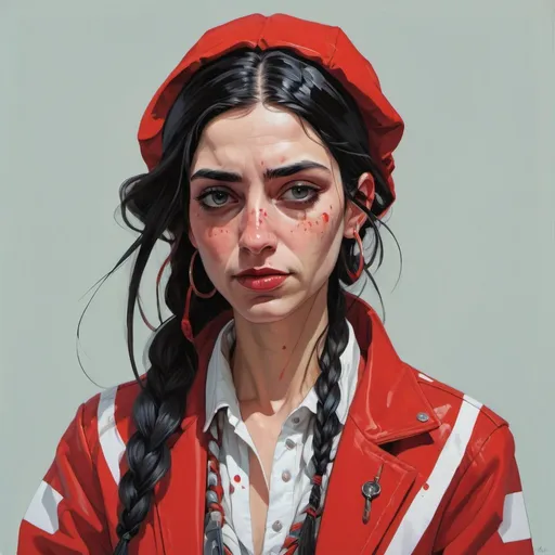 Prompt: Fatma Girik age of 30swith long braid hair wearing a red and white jacket, in the style of tomer hanuka, joram roukes, emotionally charged portraits, smilecore, rustic futurism, henrietta harris, darkly comedic, rough painting, children illustration metal slug