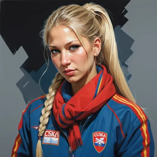 Prompt: Anna Kournikova, age 20, with long braid hair wearing a CSKA Moscow jacket, CSKA scarf in the style of tomer hanuka, joram roukes, emotionally charged portraits, smilecore, rustic futurism, henrietta harris, darkly comedic, rough painting, children illustration, CSKA fan