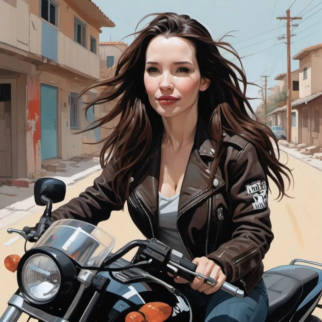 Prompt: Natalia Oreiro with long brown hair wearing a motorbiker jacket, in the style of tomer hanuka, joram roukes, emotionally charged portraits, smilecore, rustic futurism, henrietta harris, darkly comedic, rough painting, children illustration, on motorbike