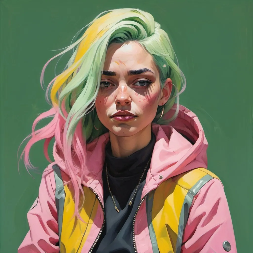 Prompt: Lateita casta with long green Pink hair wearing a yellow and Pink jacket, in the style of tomer hanuka, joram roukes, emotionally charged portraits, smilecore, rustic futurism, henrietta harris, darkly comedic, rough painting, children illustration, Fallout 