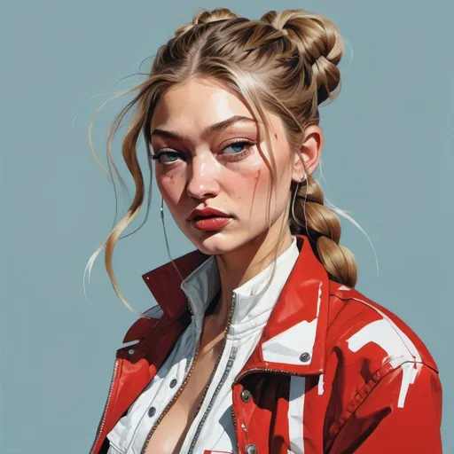 Prompt: Gigi hadid with long braid hair wearing a red and white jacket, in the style of tomer hanuka, joram roukes, emotionally charged portraits, smilecore, rustic futurism, henrietta harris, darkly comedic, rough painting, children illustration metal slug