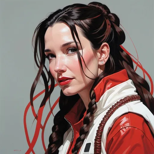 Prompt: Natalia Oreiro with long braid hair wearing a red and white jacket, star wars, in the style of tomer hanuka, joram roukes, emotionally charged portraits, smilecore, rustic futurism, henrietta harris, darkly comedic, rough painting, children illustration metal slug