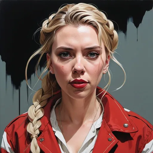 Prompt: Scarlett Johansson with long braid hair wearing a red and white jacket, in the style of tomer hanuka, joram roukes, emotionally charged portraits, smilecore, rustic futurism, henrietta harris, darkly comedic, rough painting, children illustration metal slug