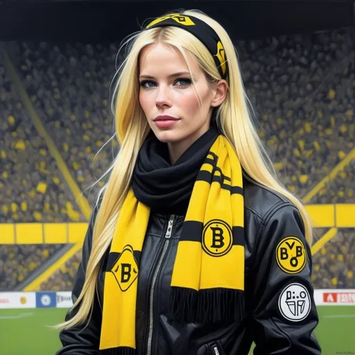 Prompt: Claudia Schiffer, age 24, with long braid hair wearing a Borussia Dortmund jacket, Borussia Dortmund scarf in the style of tomer hanuka, joram roukes, emotionally charged portraits, smilecore, rustic futurism, henrietta harris, darkly comedic, rough painting, children illustration, Borussia Dortmund fan, at Signal Iduna Park