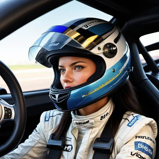 Prompt: Adriana Lima racer gripping the steering wheel of a high-performance car, focused eyes glimpsed through a helmet visor, dashboard illuminated with gauges and telemetry data reflecting off the interior, outside the window a blurred racetrack conveys speed, tension in posture suggests intense competition, natural light shines into the cockpit revealing the texture of the racing suit, digital painting, ultra-realistic, dramatic lighting