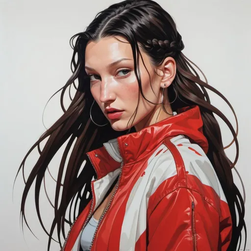 Prompt: Bella hadid with long braid hair wearing a red and white jacket, in the style of tomer hanuka, joram roukes, emotionally charged portraits, smilecore, rustic futurism, henrietta harris, darkly comedic, rough painting, children illustration metal slug