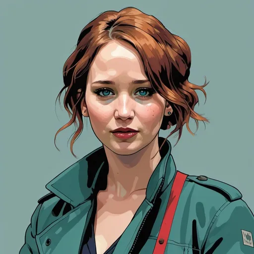 Prompt: Jennifer Lawrence with short Brown red hair wearing a blue and green jacket, game of thrones princess, in the style of tomer hanuka, joram roukes, emotionally charged portraits, smilecore, rustic futurism, henrietta harris, darkly comedic, rough painting, children illustration metal slug