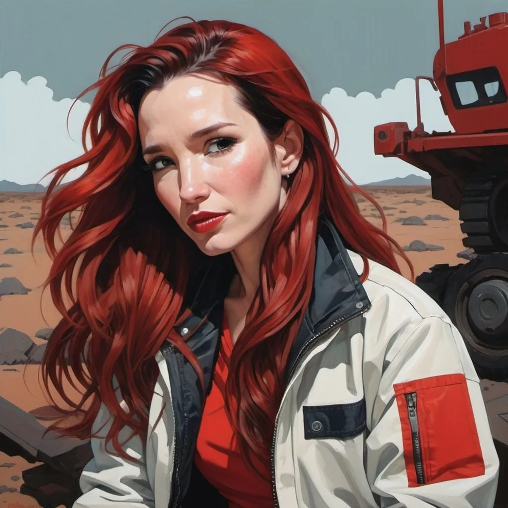 Prompt: Natalia Oreiro with long red hair wearing a red and white jacket, in the style of tomer hanuka, joram roukes, emotionally charged portraits, smilecore, rustic futurism, henrietta harris, darkly comedic, rough painting, children illustration metal slug