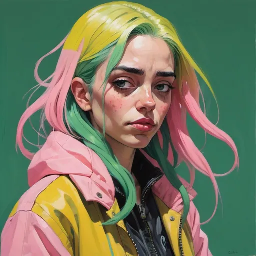 Prompt: Lateita casta with long green Pink hair wearing a yellow and Pink jacket, in the style of tomer hanuka, joram roukes, emotionally charged portraits, smilecore, rustic futurism, henrietta harris, darkly comedic, rough painting, children illustration, Fallout 