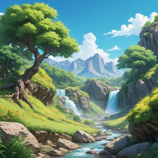 Prompt: Dallas, realistic, mountains, detailed and realistic trees and bushes, River, waterfall, meadows, Forest fruits Bush, stones, beawovs, bright vibrant colors paint art, greenly, blue sky, balance in design, Anime, Anime style, horizontal shot, Balanced composition, beautiful day, cinematic