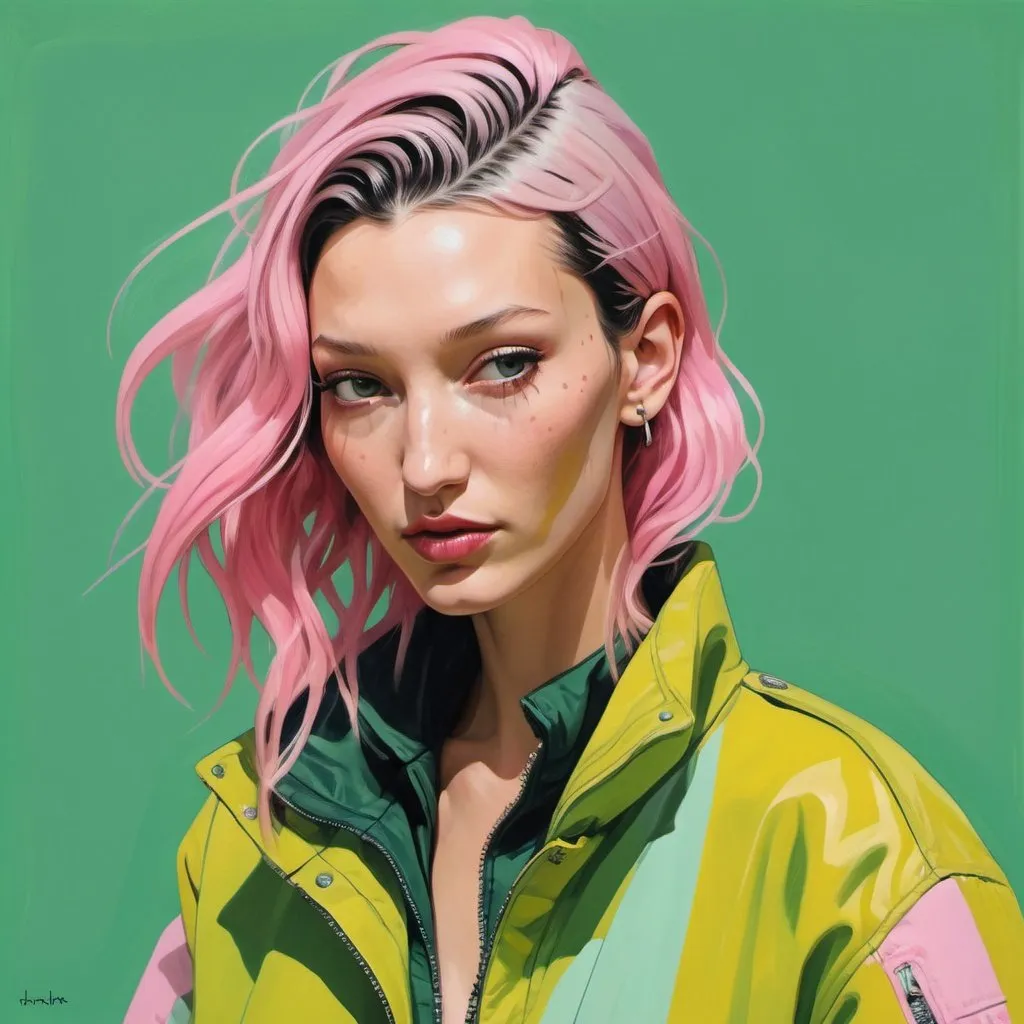 Prompt: Bella Hadid with long green Pink hair wearing a yellow and Pink jacket, in the style of tomer hanuka, joram roukes, emotionally charged portraits, smilecore, rustic futurism, henrietta harris, darkly comedic, rough painting, children illustration, Fallout 