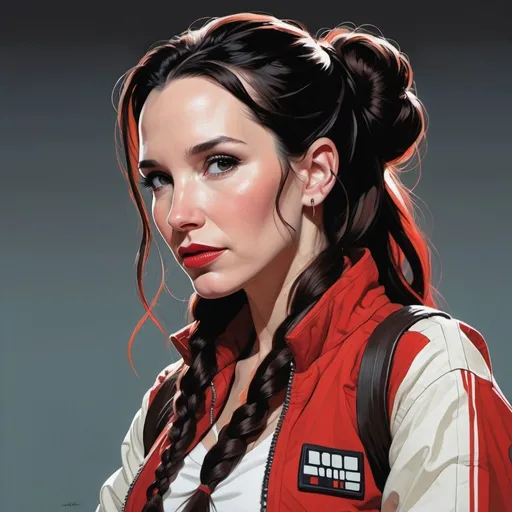 Prompt: Natalia Oreiro with long braid hair wearing a red and white jacket, star wars, in the style of tomer hanuka, joram roukes, emotionally charged portraits, smilecore, rustic futurism, henrietta harris, darkly comedic, rough painting, children illustration metal slug