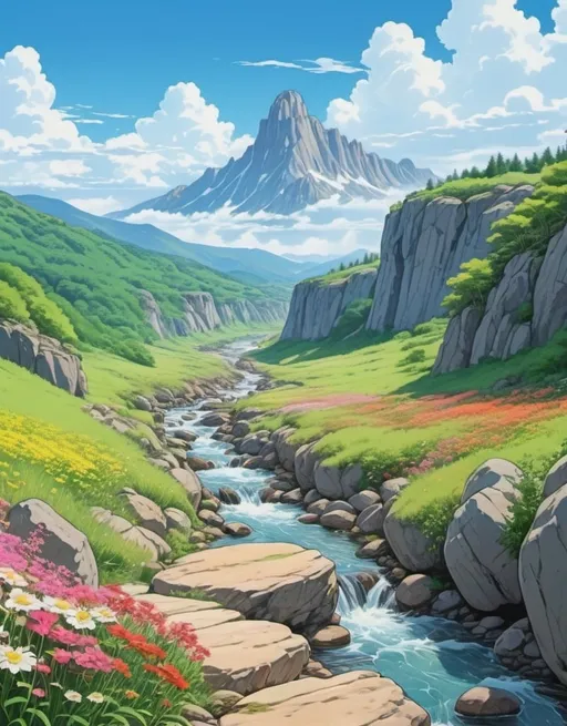 Prompt: Midjourney, rocky mountain, river flowing through stones, meadows, bushs, path in the forest, beautiful spring flower, studio ghibli, miyazaki, realistic, vibrant colors paint art, blue sky, looking over a cliff to a beautiful environment, Symmetrical, Symmetry and balance in design, Anime, Anime style, horizontal shot, Balanced composition, beautiful day