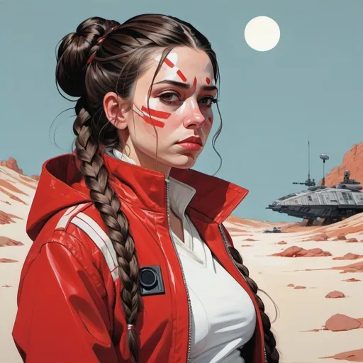 Prompt: Lateita casta with long braid hair wearing a red and white jacket, star wars, in the style of tomer hanuka, joram roukes, emotionally charged portraits, smilecore, rustic futurism, henrietta harris, darkly comedic, rough painting, children illustration metal slug