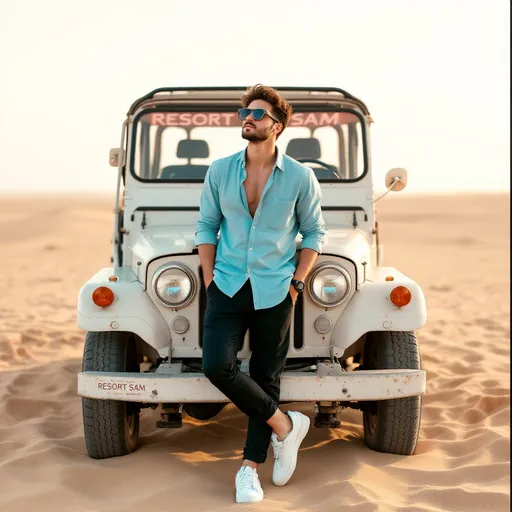 Prompt: In a vast sandy landscape, a young man leans casually against a vintage white jeep, embodying a sense of relaxed adventure. He sports a light blue, slightly unbuttoned shirt and dark pants, complemented by stylish white sneakers that add a contemporary flair to his look. With his head turned slightly upward, looking off into the distance, he wears oversized sunglasses that exude a cool, laid-back attitude. The jeep, prominently featuring the name "RESORT SAM" on its windshield, adds a charming rustic element to the scene, set against a backdrop of soft, diffused light that illuminates the sandy terrain. The overall mood conveys a sense of freedom and exploration, inviting viewers to imagine the adventures that await in this serene, sun-kissed environment.