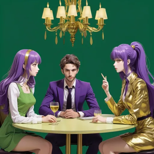 Prompt: Create french men and women sitting at a table talking in green, purple  and gold colours anime