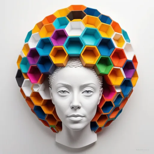 Prompt: (3D beehive head), minimalist composition, (colorful) details radiating in vibrant hues, stark (white background) enhancing the brilliance, playful and dynamic feel, intricate textures evident in the beehive, focuses on the fascinating structure, ultra-detailed, striking contrast, artistic yet lively presentation, captivating visual experience, perfect for modern art enthusiasts.