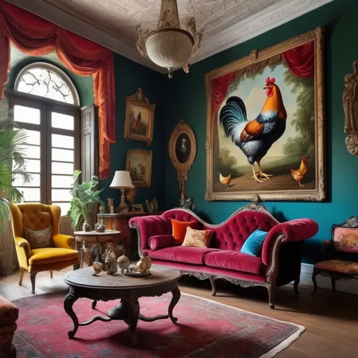 Prompt: antic living room, (colonial style), vibrant colors, (velvet sofa), whimsical décor, surreal atmosphere, chicken with human body dressed in a gown, eclectic antiques, ornate decorations, high ceilings, soft ambient lighting, rich textures, (ultra-detailed), artistic flair, playful contradiction, inviting and luxurious ambiance, intricate wall patterns, polished wooden floors.