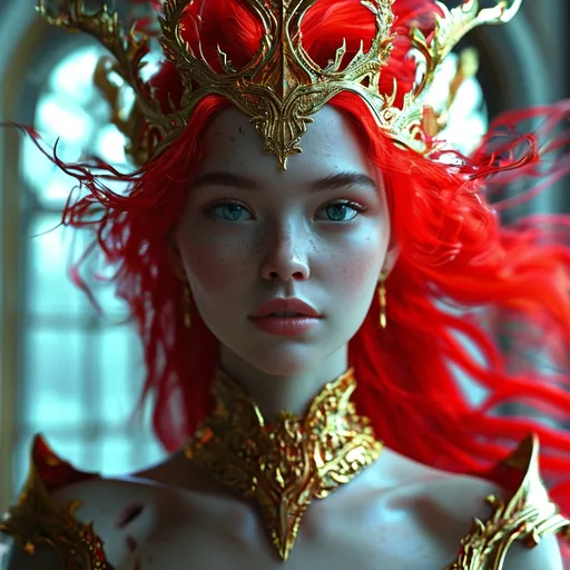 Prompt:  New York buildings, flowing red fire hair, flowing gold crown, mysterious atmosphere, cool tones with vibrant contrasts, sleek and powerful pose, high definition. 4K, hiper realistic, full body frame