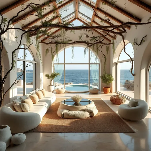 Prompt: (mediterranean living room interior design), (spacious with big windows), warm and inviting atmosphere, organic shapes, harmony of white and beige palette, organic artistic furniture, natural light streaming in, soft textures and materials, greenery accents, ultra-detailed, tranquil, aesthetic whimsical and magical. indoor pool with waterfall, sea views, magical atmosphere, branches and leaves going up on the walls indoor, fairy tail vive
