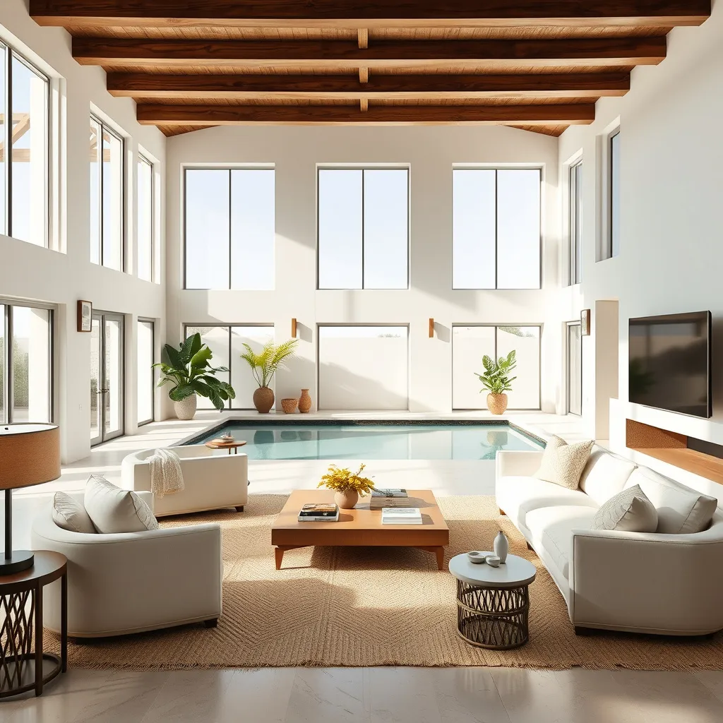 Prompt: (mediterranean living room interior design), (spacious with big windows), warm and inviting atmosphere, organic shapes, harmony of white and beige palette, elegant furniture, natural light streaming in, soft textures and materials, greenery accents, ultra-detailed, high quality, cozy ambiance, modern yet timeless design, tranquil, aesthetic elegance, soothing colors, inviting space for relaxation. indoor pool